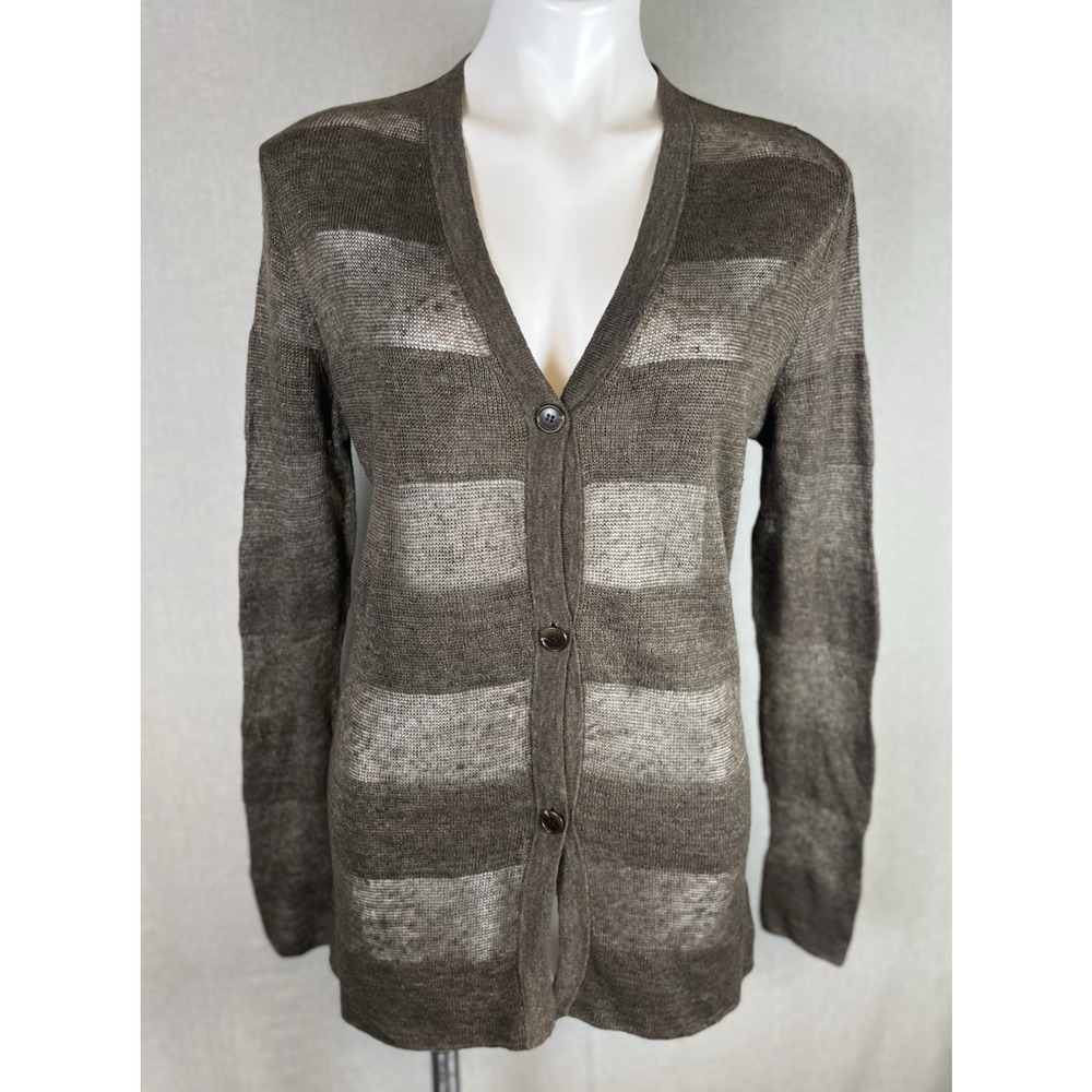 LAFAYETTE 148 NY Earthy Hemp Brown Open Knit V Neck Cardigan Sweater Size Medium